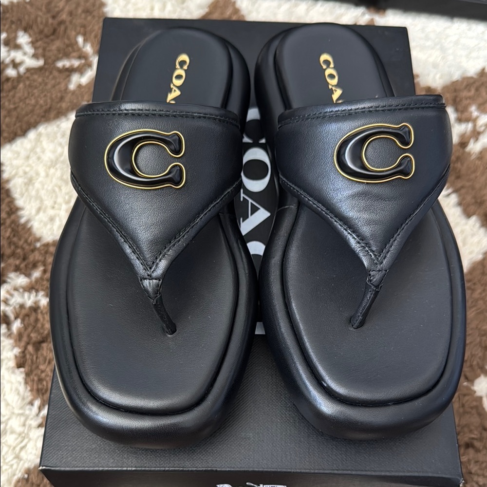 Coach Sylvie Womens Black Leather Upper Flatform Sandals Slip On Size 5